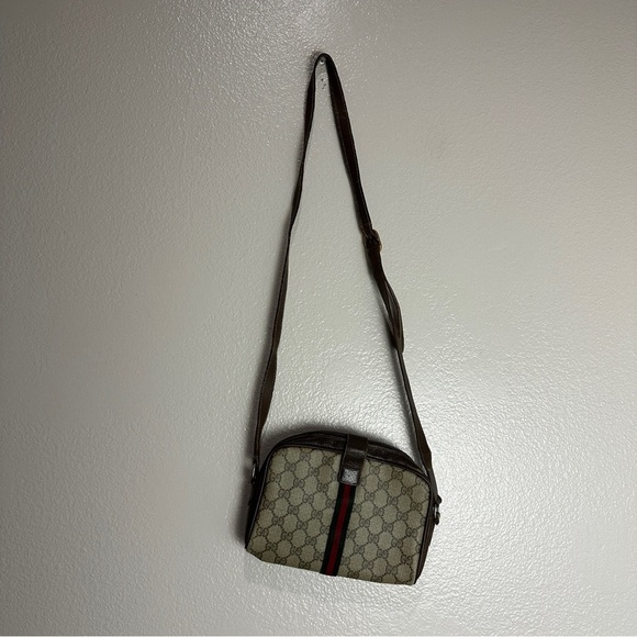 GUCCI Web Sherry Line GG Canvas Shoulder Bag PVC Leather Beige Green Vintage - Picture 2 of 15